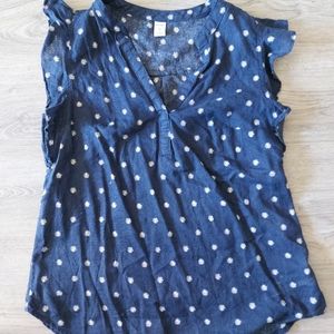 Navy Blue Daisy V-Neck Blouse with Ruffled Sleeves